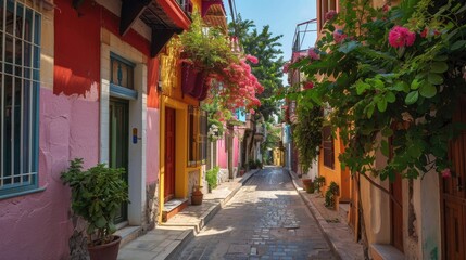 Picturesque scene of a narrow old street in the city, with colorful facades and traditional architecture
