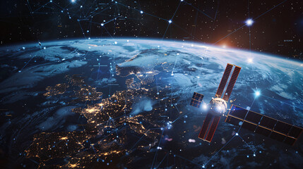 Detailed long-distance view of a satellite network with AI-driven data analysis and communication hubs spread across the globe, UHD, High Detailed, Masterpiece 