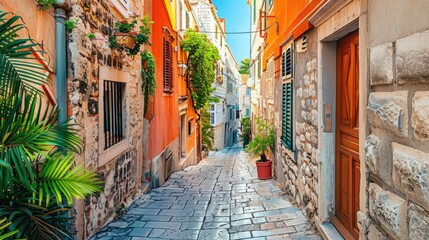 Picturesque scene of a narrow old street in the city, with colorful facades and traditional architecture