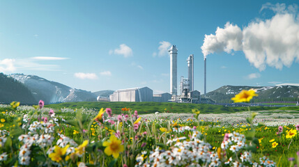 Obraz premium Geothermal energy plant in a summer landscape, with a clear blue sky and blooming wildflowers around the facility, emphasizing sustainable energy production in a warm season, UHD, High Detailed, 