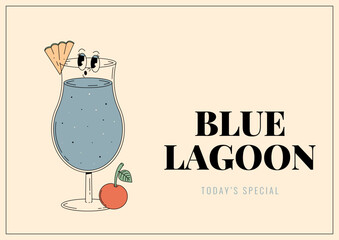 Groovy character blue Lagoon. Retro banner and label with popular alcoholic beverage. Cafe bar or cocktail lounge logo and sign. Summer vintage vector illustration