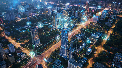 Long-distance aerial perspective of a smart city with AI-integrated infrastructure and detailed visualizations of data interactions across various sectors, UHD, High Detailed, Masterpiece 