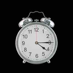 4:15 PM Vintage Steel Alarm Clock with Alloy Steel Body and Glass Twin Bell, Featuring Classic Analog Face with Detailed Hour and Minute Hands