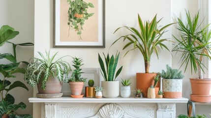 Stylish arrangement of plants and a planter in front of a white mantel, complemented by a canvas and photo frame for a modern look