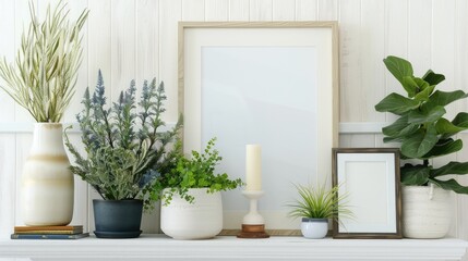 Stylish arrangement of plants and a planter in front of a white mantel, complemented by a canvas and photo frame for a modern look