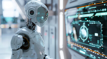 Fototapeta premium A robot interacting with a holographic interface in a minimalistic, futuristic lab, highlighting the integration of advanced technology in a clean environment, Future Robot, Minimal, UHD, High 