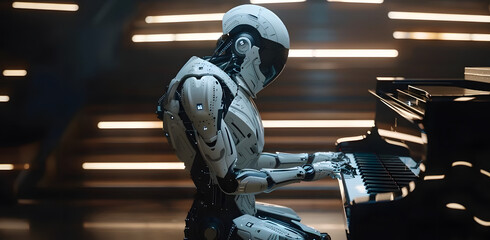 Fototapeta premium An advanced humanoid robot is seen playing a grand piano in a modern, ambient setting. The image captures the intersection of technology and art