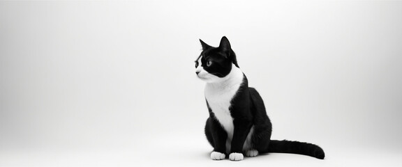 black and white cat, white background