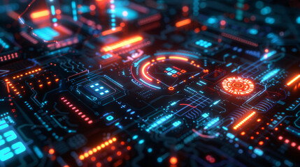 Fototapeta premium A close-up of a futuristic AI interface with neon lights, displaying intricate patterns and glowing symbols, highlighting advanced technology, UHD 