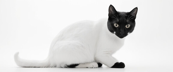 black and white cat, white background