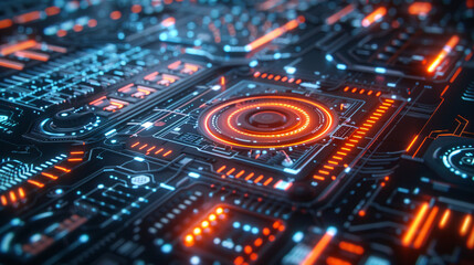 Fototapeta premium A close-up of a futuristic AI interface with neon lights, displaying intricate patterns and glowing symbols, highlighting advanced technology, UHD 