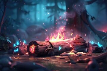 Fototapeta premium A Mystical Forest Scene with a Crackling Fire on a Log