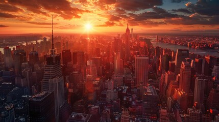 Fototapeta premium Vibrant sunset over a bustling cityscape, with the sun casting warm hues across the skyscrapers and streets