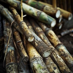 Hand-held tools, sugarcane farming, traditional methods, rustic atmosphere