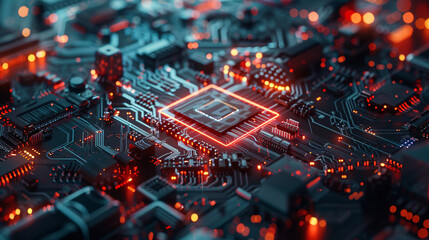 Obraz premium A detailed view of a futuristic chip with an AI logo, demonstrating the integration of artificial intelligence and advanced hardware, UHD 