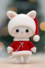 Fototapeta premium An adorable cat doll wearing a Santa hat and red outfit, set against a festive, blurred background with holiday lights. 