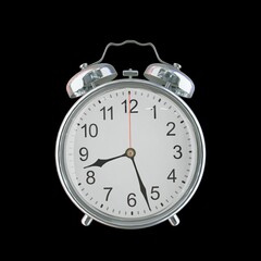 8:27 PM Vintage Steel Alarm Clock with Alloy Steel Body and Glass Twin Bell, Featuring Classic Analog Face with Detailed Hour and Minute Hands