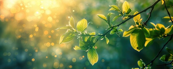 Freshly emerged spring foliage with delicate textures, warm sunlight casting a radiant glow, capturing the freshness and vibrancy of the season