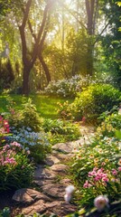 Pastel-hued spring garden with blooming flowers and fresh greenery, soft and warm light creating a serene and peaceful atmosphere