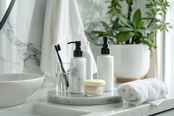 Fototapeta premium Mockup of cosmetic products on white marble countertop in bathroom