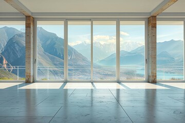 empty room with panoramic view of the mountains and blue sky