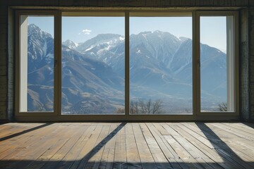 empty room with panoramic view of the mountains and blue sky