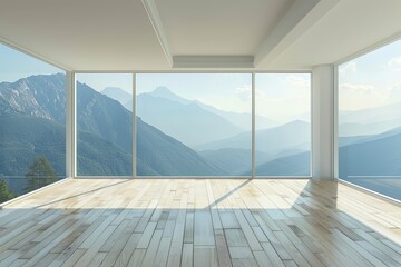 empty room with panoramic view of the mountains and blue sky