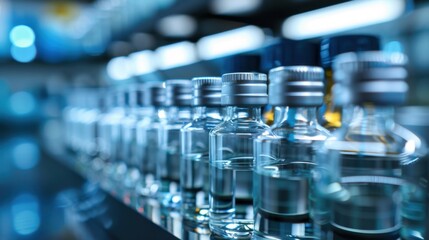 close up shot of row medical vial in lab with background lab equipment