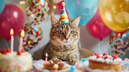 Adorable cat with a birthday hat surrounded by cakes and balloons, celebrating a festive party with colorful decorations.