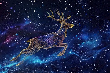 Majestic Golden Reindeer Flying Through Enchanting Night Sky with Nebulae and Stars