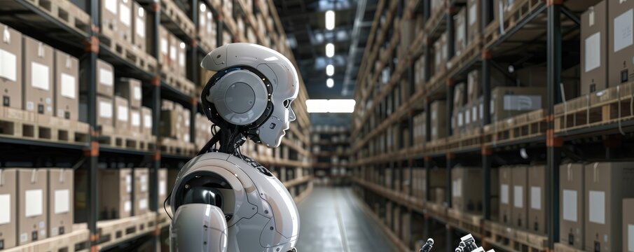 A humanoid robot managing an automated control system in a futuristic warehouse, illustrating mechanization and process optimization