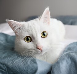 white domestic cat portrait on bed with blue blanket looking at camera. ai generative
