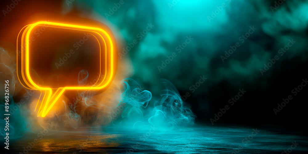 Poster neon speech bubble on a dark abstract smoky background, illustrating communication. generative ai