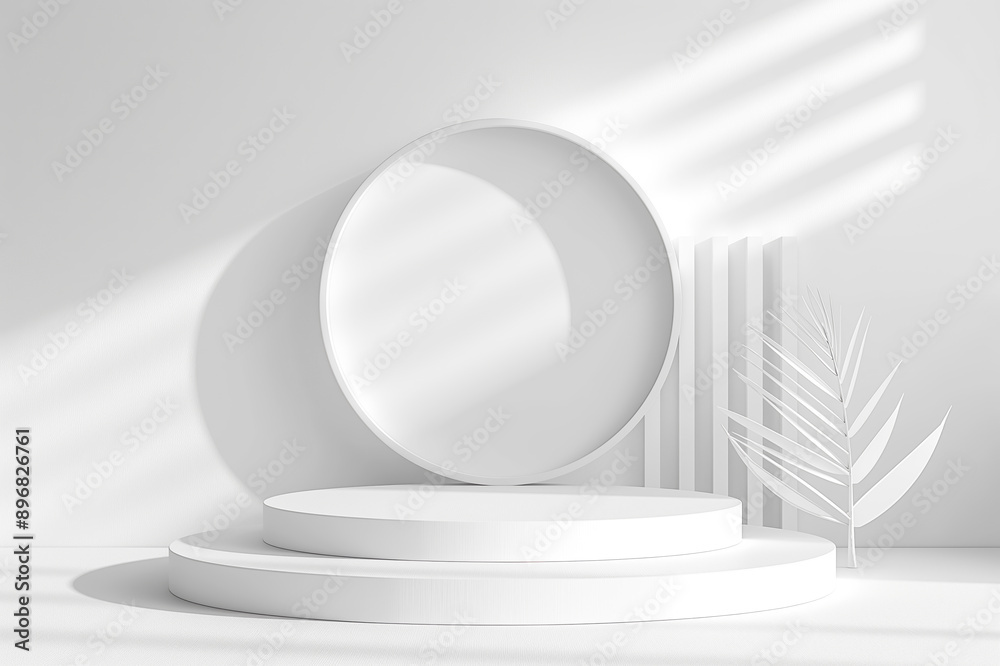 Poster minimalist product display with circular stand, geometric shapes, and decorative plant elements on a