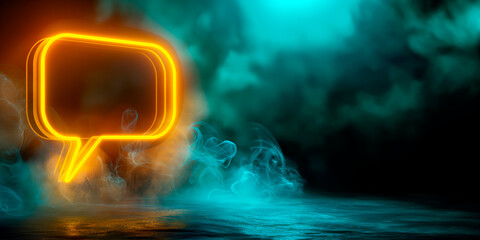 Neon speech bubble on a dark abstract smoky background, illustrating communication. Generative AI