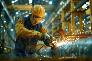 Worker in safety gear and hard hat using an angle grinder to cut a metal tube in a heavy industry engineering factory. Manufacturing metal structures with precision and safety.