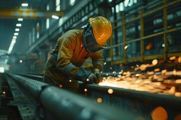 Worker in safety gear and hard hat using an angle grinder to cut a metal tube in a heavy industry engineering factory. Manufacturing metal structures with precision and safety.