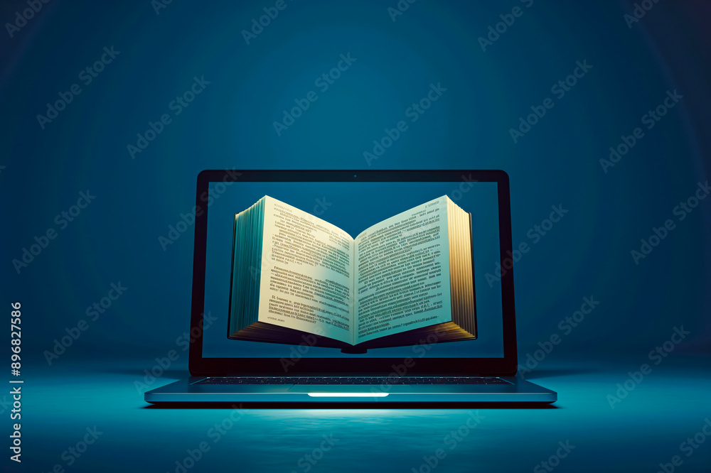 Poster an open book emerging from a laptop against a blue background, symbolizing online learning. generati