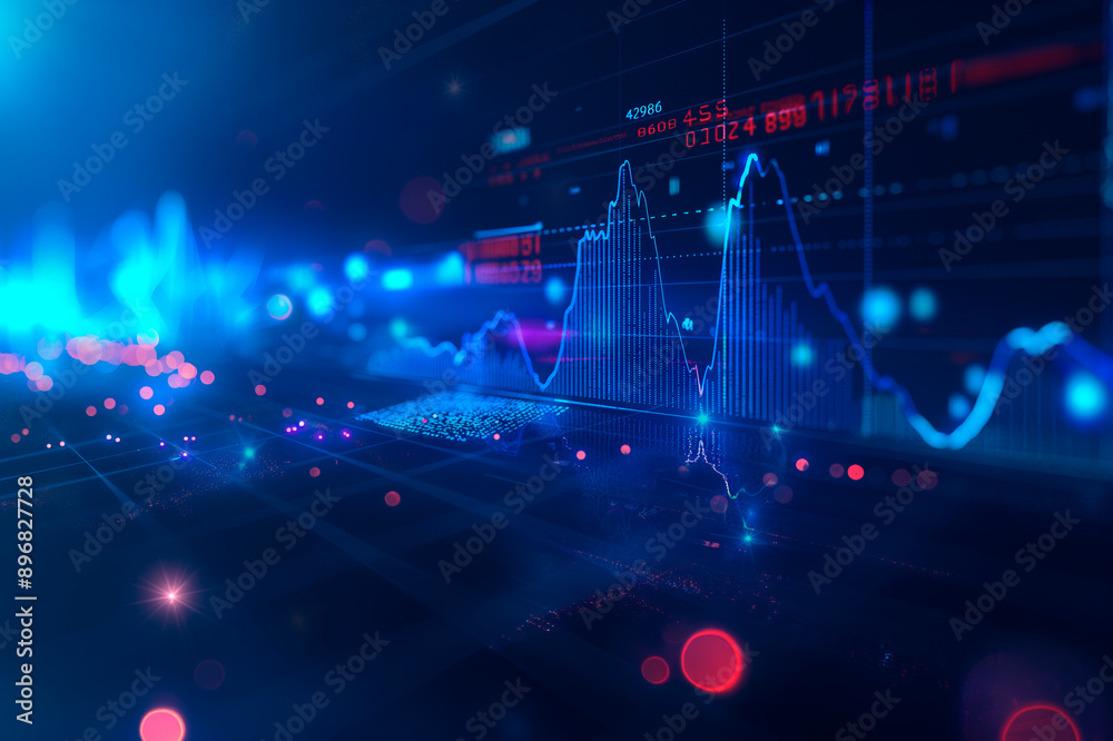 Poster Abstract financial chart with uptrend line graph on a blue technology background, concept of stock market data analysis. Generative AI
