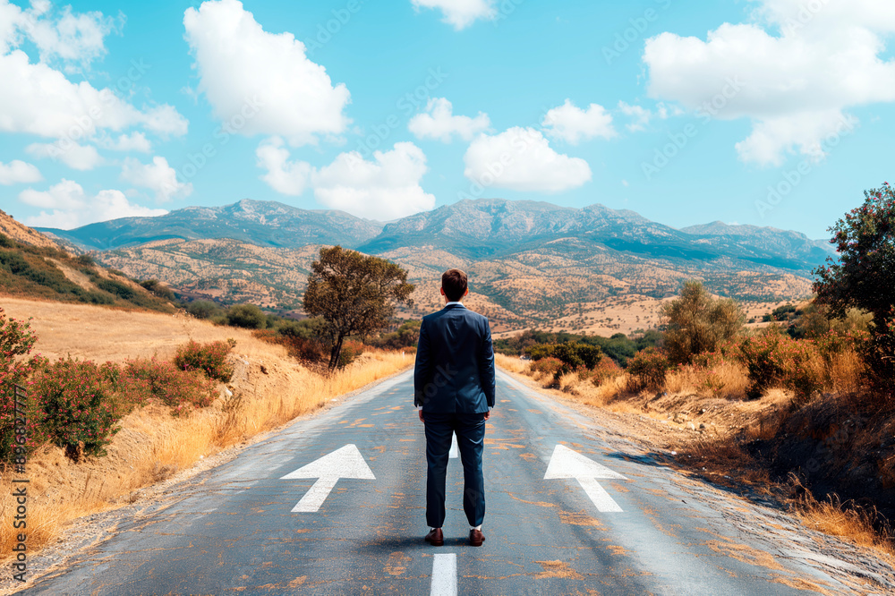 Poster a man in a suit standing at a crossroad with mountainous background, concept of decision making. gen