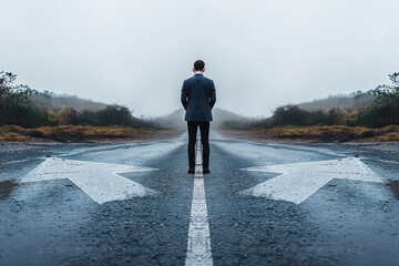 Man standing between two arrows on a road, foggy natural background, concept of decision making. Generative AI