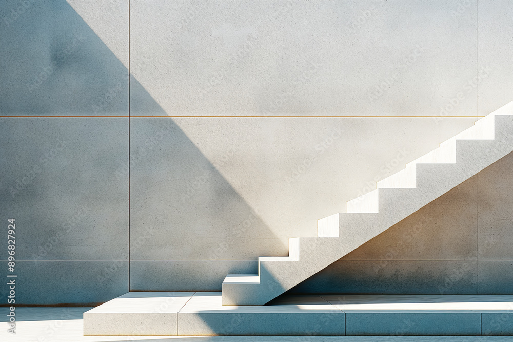 Poster modern staircase casting a shadow on a concrete wall, minimalist style, light background, concept of