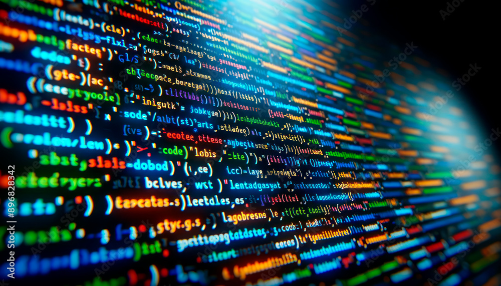 Poster Close-up shot of colorful programming code on a dark screen with a tilt-shift lens effect, underlying a technology concept. Generative AI