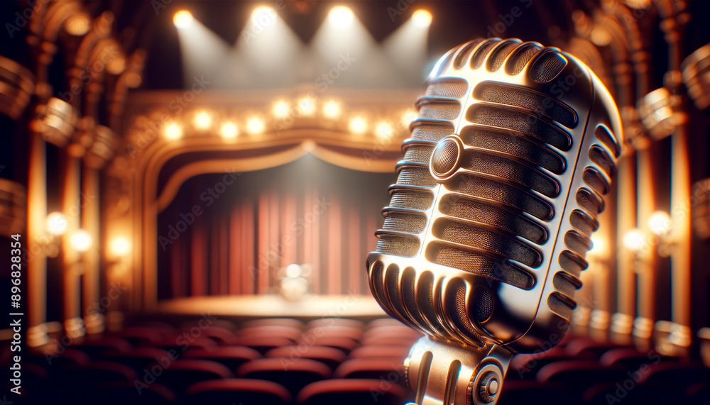 Poster a vintage microphone on a stage, with warm spotlight and a bokeh theater background, evoking the con