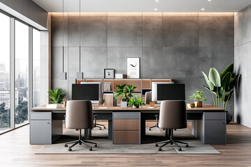 Fototapeta premium A modern office interior with desks, chairs, computers, and plant decorations on a city-view background. Generative AI