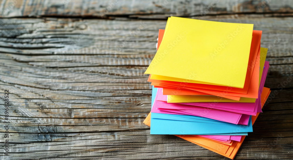 Poster colorful paper sheets stacked on a wooden textured background, concept of creativity and organizatio