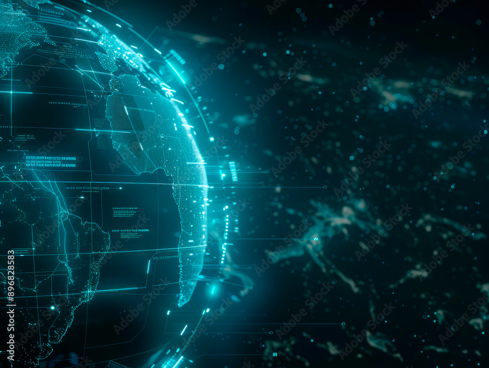 Poster An illuminated digital representation of the Earth showing continents with a network concept on a dark blue background. Generative AI