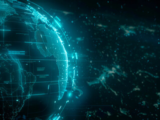 Fototapeta premium An illuminated digital representation of the Earth showing continents with a network concept on a dark blue background. Generative AI