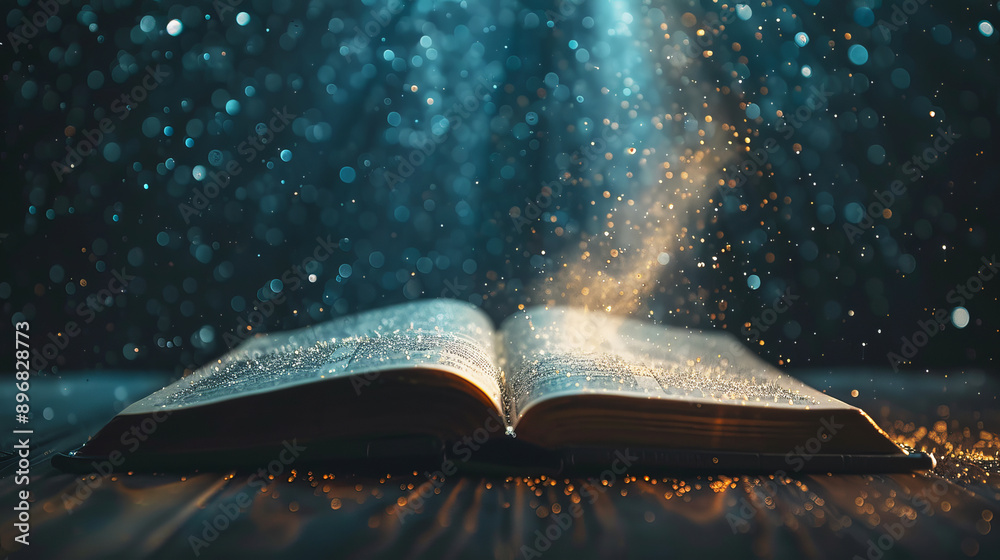 Poster An open book with sparkling light particles scattered over it, set against a dark bokeh background, conveying a magical concept. Generative AI