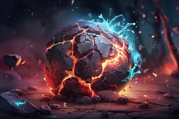 A Cracked and Glowing Sphere with Blue and Orange Light